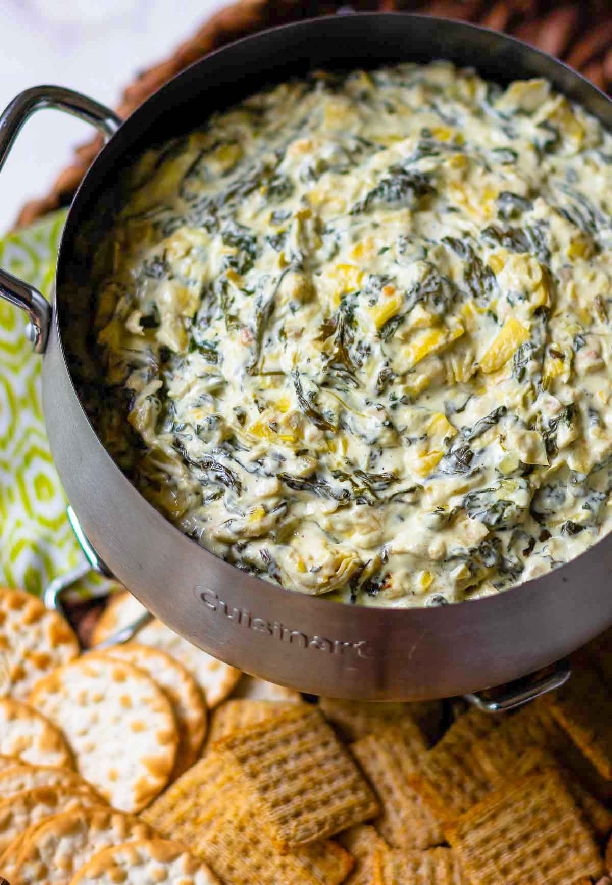 Spinach & Artichoke Dip with Herbed Baguette Crisps